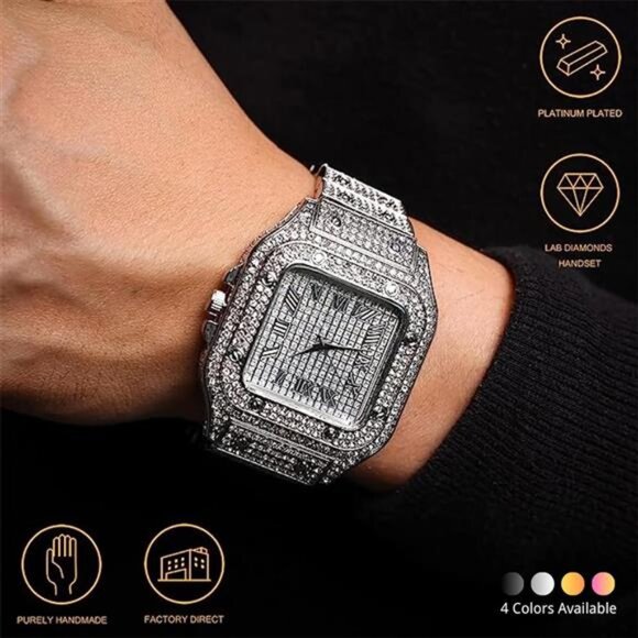 Men’s Diamond Watch - The King - 18K Gold/Platinum Plated, 40MM Square Dial - Picture 2 of 7